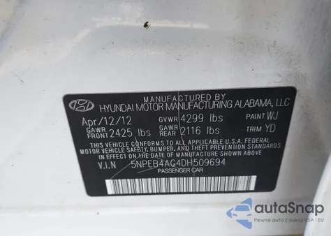 2013 Hyundai Sonata Gls из США, поврежденный, VIN 5NPEB4AC4DH509694